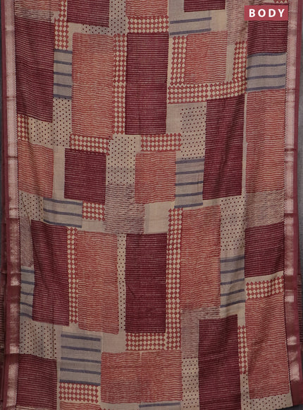 Semi chanderi saree beige and maroon with geometric prints and zari woven border