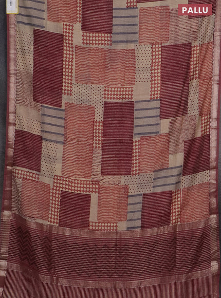 Semi chanderi saree beige and maroon with geometric prints and zari woven border