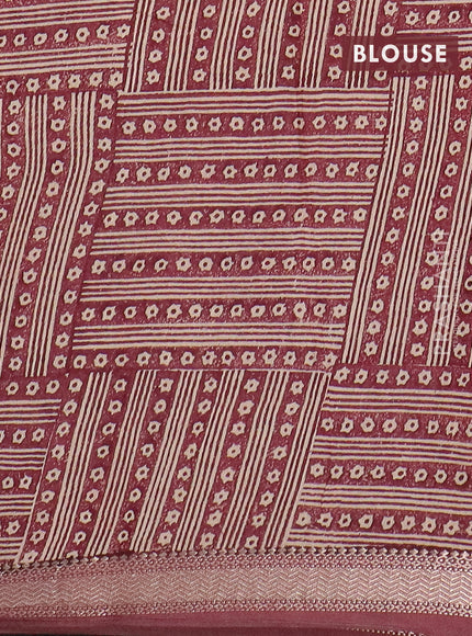 Semi chanderi saree beige and maroon with geometric prints and zari woven border