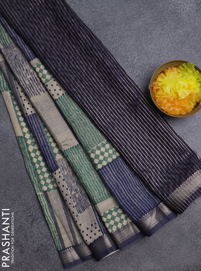 Semi chanderi saree multi colour and peacock blue with geometric prints and zari woven border