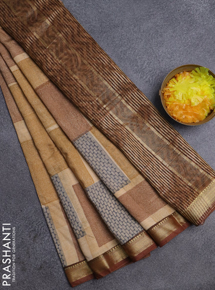Semi chanderi saree sandal and brown with geometric prints and zari woven border