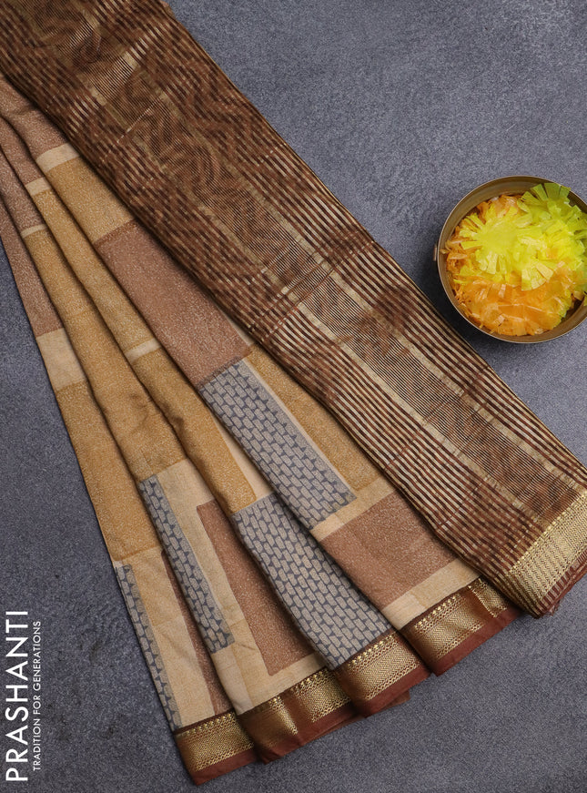 Semi chanderi saree sandal and brown with geometric prints and zari woven border
