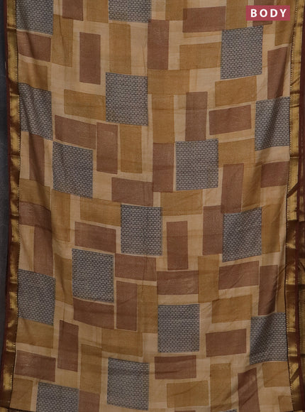 Semi chanderi saree sandal and brown with geometric prints and zari woven border