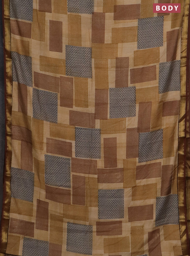 Semi chanderi saree sandal and brown with geometric prints and zari woven border