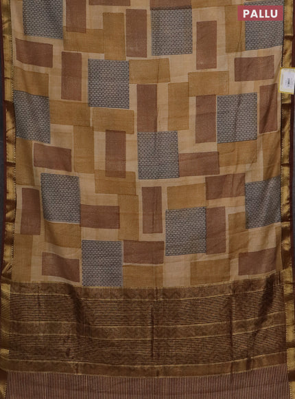Semi chanderi saree sandal and brown with geometric prints and zari woven border