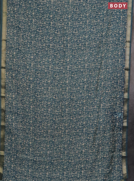 Semi chanderi saree teal blue and sandal with allover prints and zari woven border