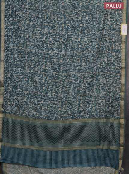 Semi chanderi saree teal blue and sandal with allover prints and zari woven border