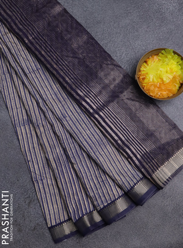 Semi chanderi saree beige and blue with allover stripe pattern and zari woven border