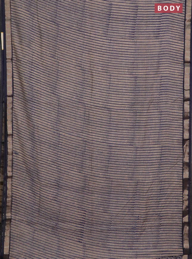 Semi chanderi saree beige and blue with allover stripe pattern and zari woven border