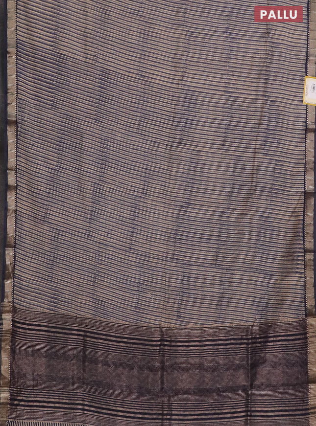 Semi chanderi saree beige and blue with allover stripe pattern and zari woven border