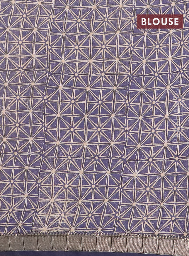 Semi chanderi saree beige and blue with allover stripe pattern and zari woven border