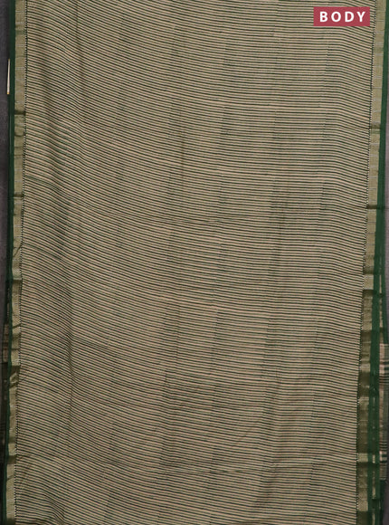 Semi chanderi saree beige and green with allover stripe pattern and zari woven border
