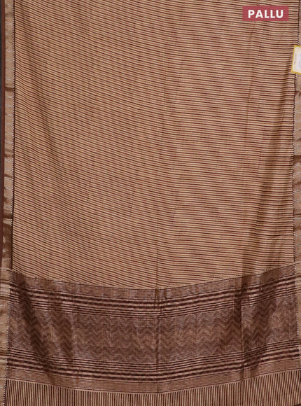Semi chanderi saree sandal and brown shade with allover stripe pattern and zari woven border