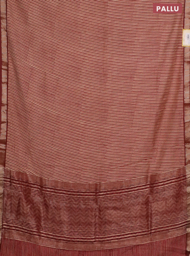 Semi chanderi saree sandal and maroon with allover stripe pattern and zari woven border