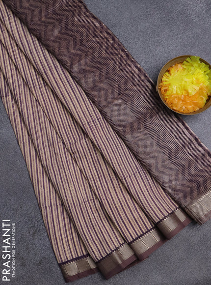 Semi chanderi saree beige and pastel purple with allover stripe pattern and zari woven border