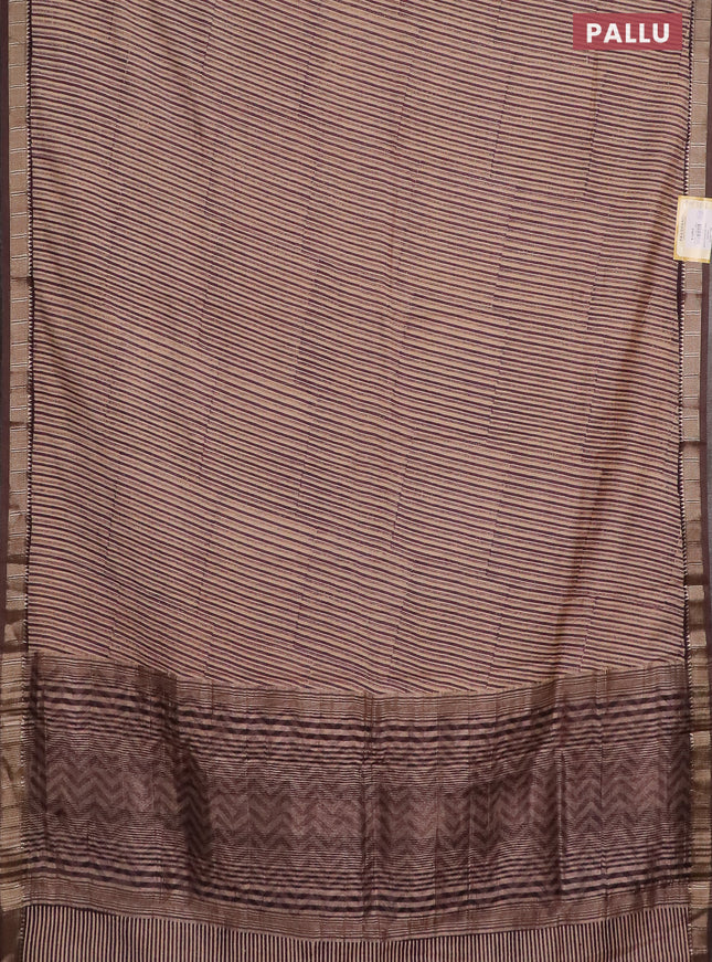 Semi chanderi saree beige and pastel purple with allover stripe pattern and zari woven border