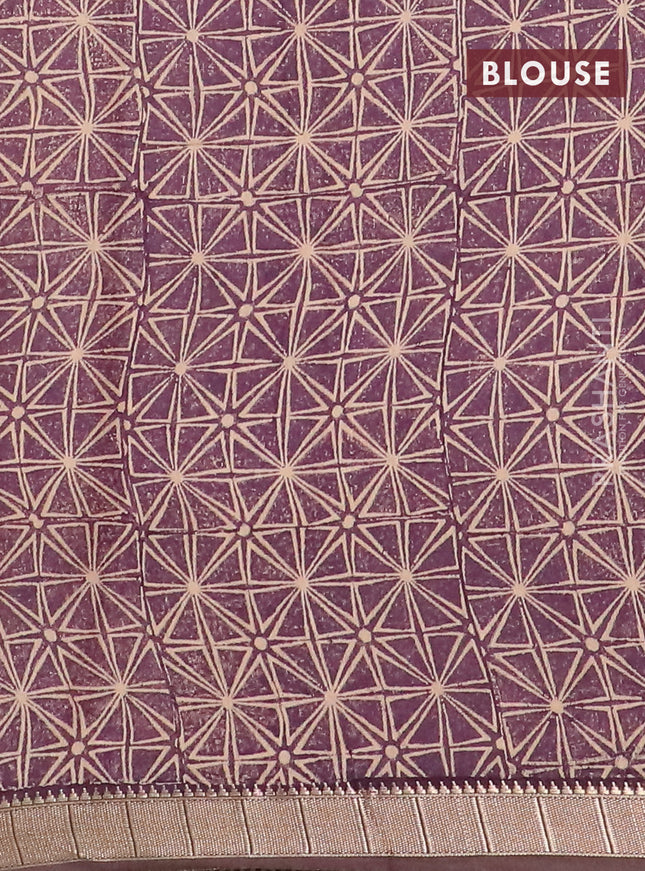 Semi chanderi saree beige and pastel purple with allover stripe pattern and zari woven border