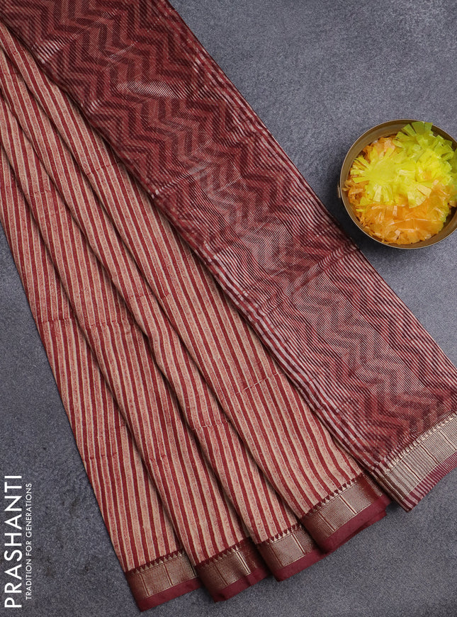 Semi chanderi saree beige and maroon with allover stripe pattern and zari woven border