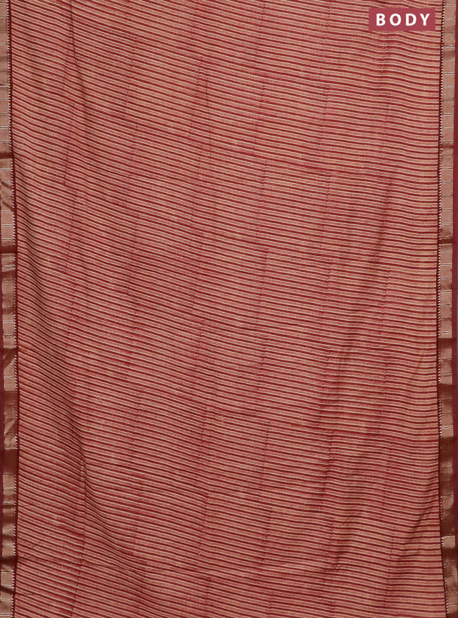 Semi chanderi saree beige and maroon with allover stripe pattern and zari woven border