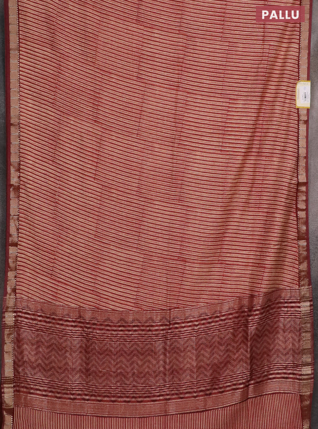 Semi chanderi saree beige and maroon with allover stripe pattern and zari woven border