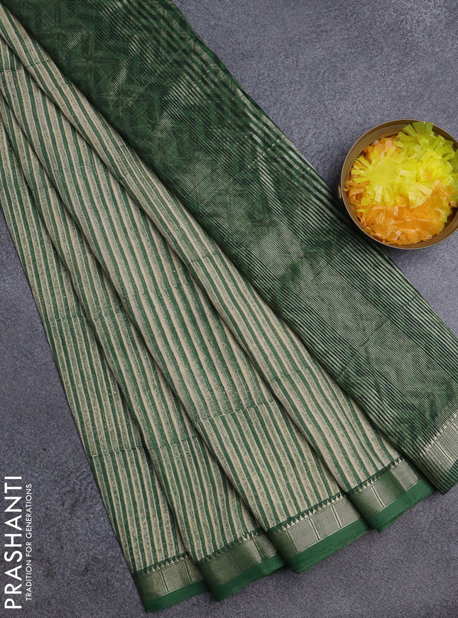Semi chanderi saree beige and green with allover stripe pattern and zari woven border