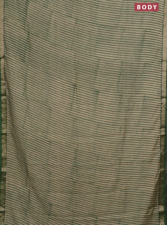 Semi chanderi saree beige and green with allover stripe pattern and zari woven border