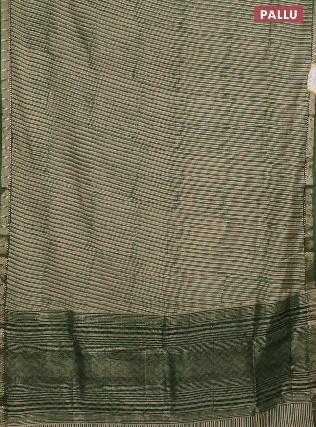 Semi chanderi saree beige and green with allover stripe pattern and zari woven border
