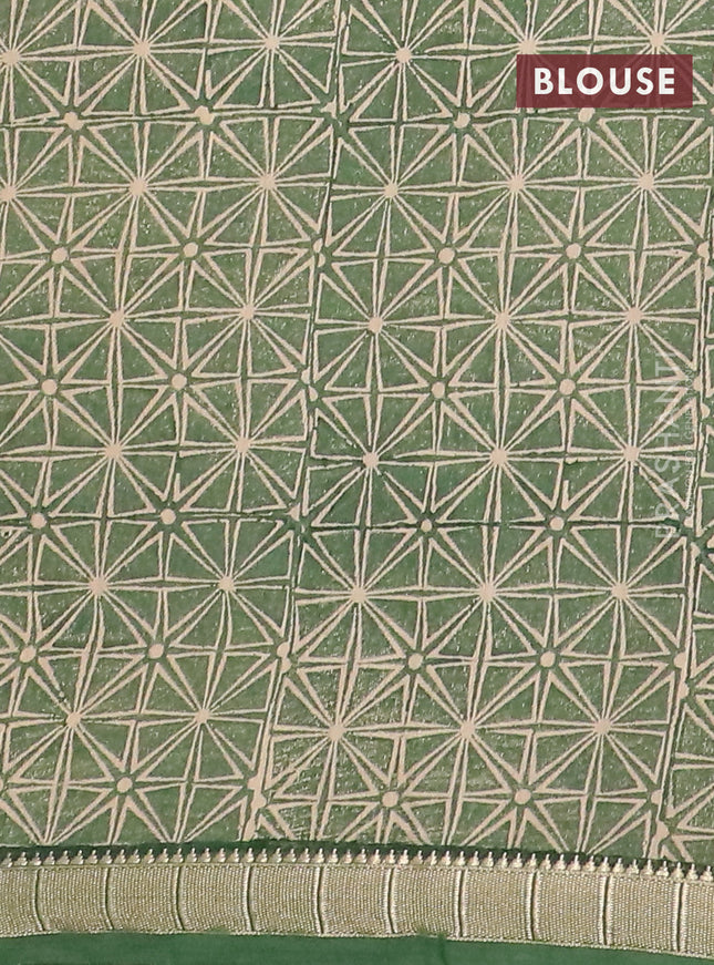 Semi chanderi saree beige and green with allover stripe pattern and zari woven border