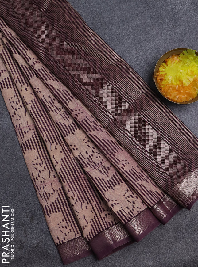 Semi chanderi saree beige and wine shade with allover floral prints and zari woven border