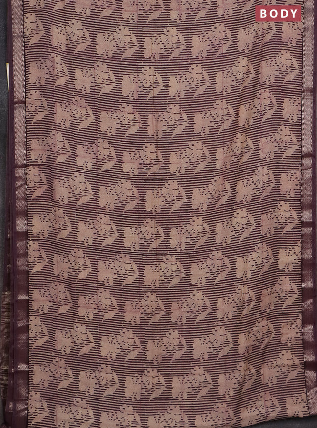 Semi chanderi saree beige and wine shade with allover floral prints and zari woven border