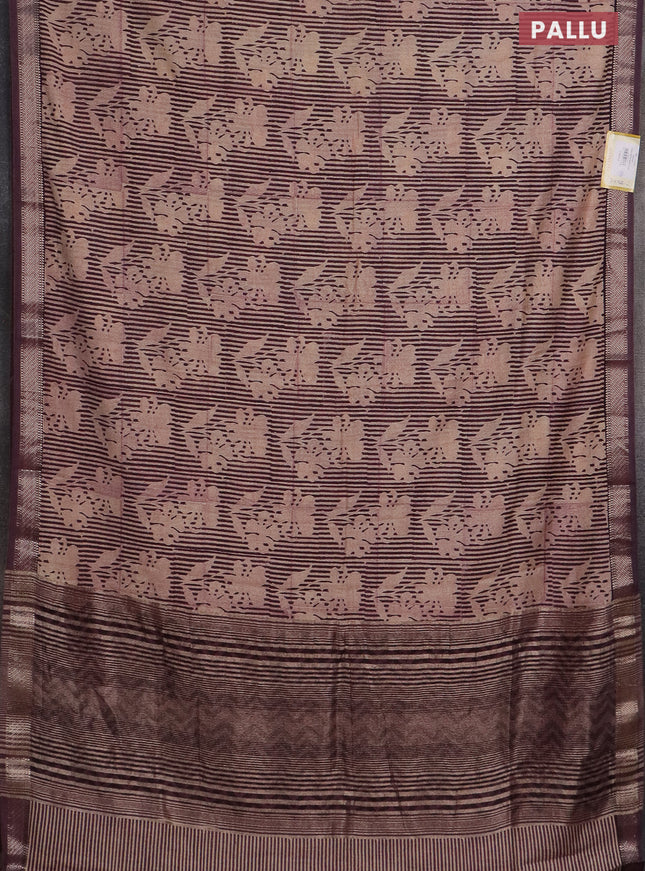 Semi chanderi saree beige and wine shade with allover floral prints and zari woven border