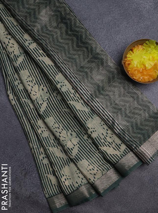 Semi chanderi saree beige and green with allover floral prints and zari woven border