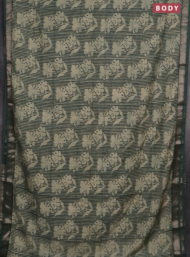 Semi chanderi saree beige and green with allover floral prints and zari woven border