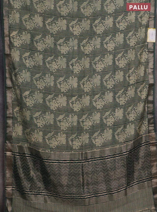 Semi chanderi saree beige and green with allover floral prints and zari woven border