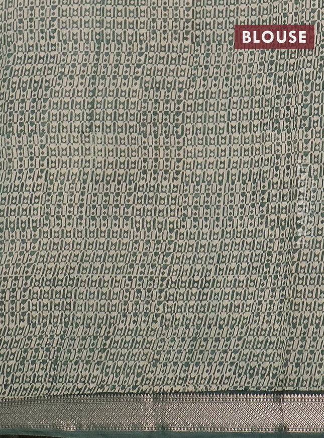 Semi chanderi saree beige and green with allover floral prints and zari woven border