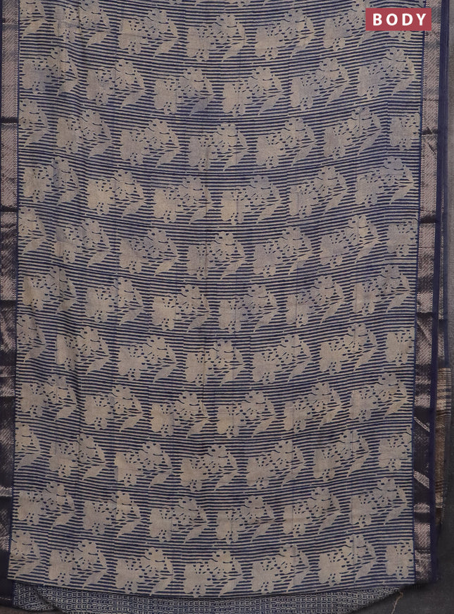 Semi chanderi saree beige and blue with allover floral prints and zari woven border