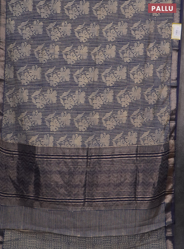 Semi chanderi saree beige and blue with allover floral prints and zari woven border