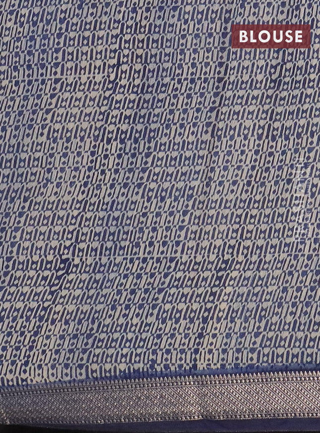 Semi chanderi saree beige and blue with allover floral prints and zari woven border