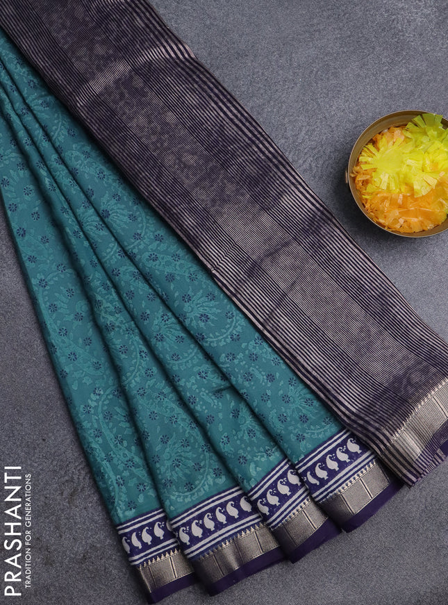 Semi chanderi saree pastel green shade and blue with allover prints and zari woven border