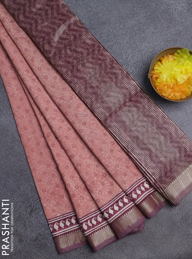 Semi chanderi saree pastel peach and wine shade with allover prints and zari woven border