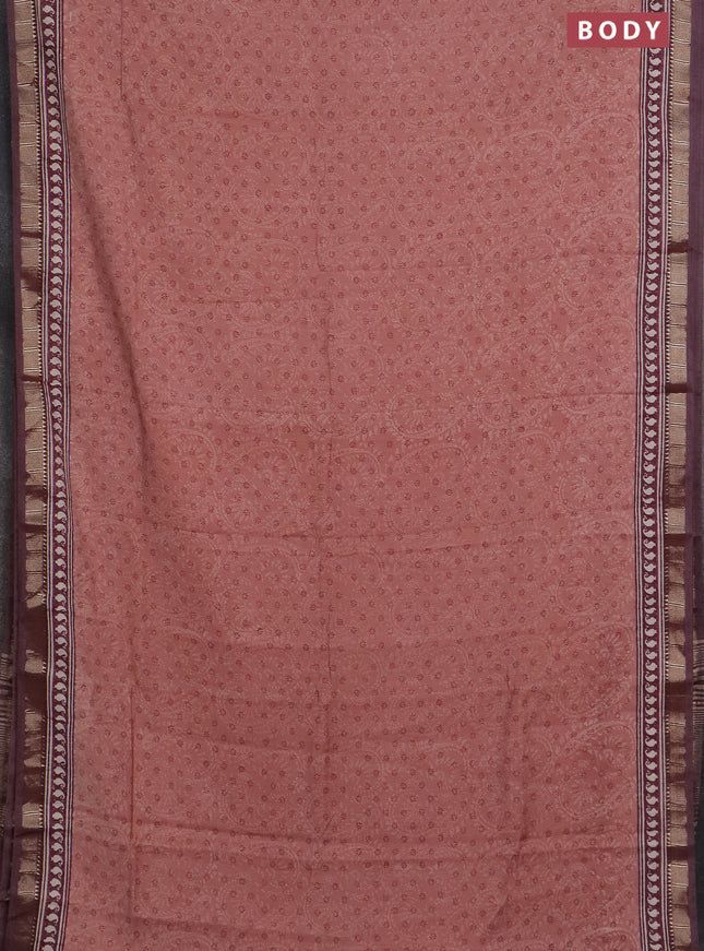 Semi chanderi saree pastel peach and wine shade with allover prints and zari woven border