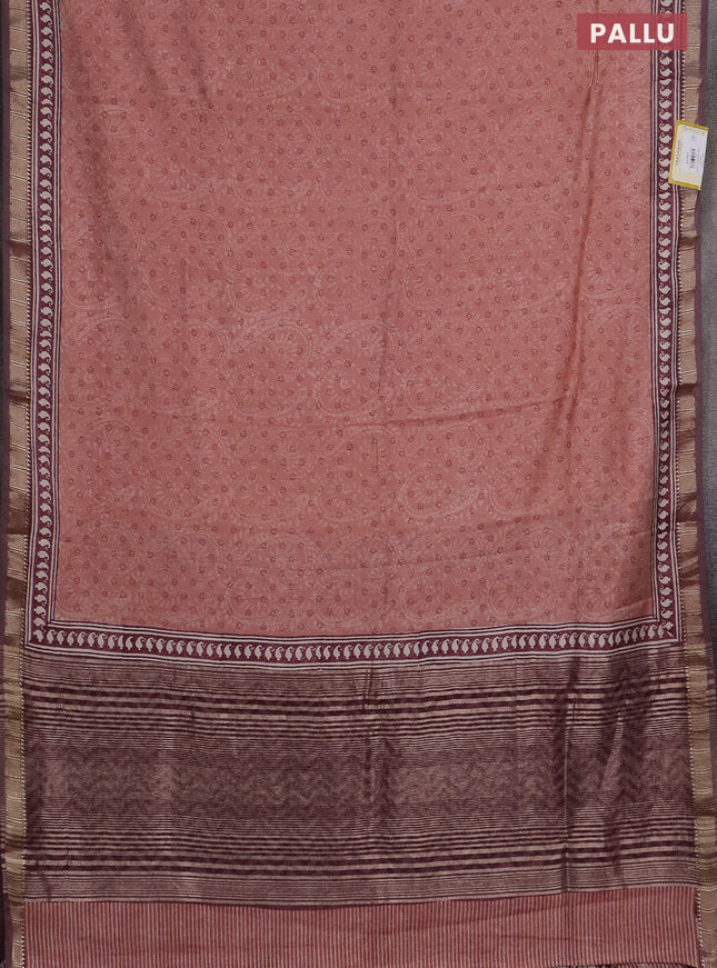 Semi chanderi saree pastel peach and wine shade with allover prints and zari woven border