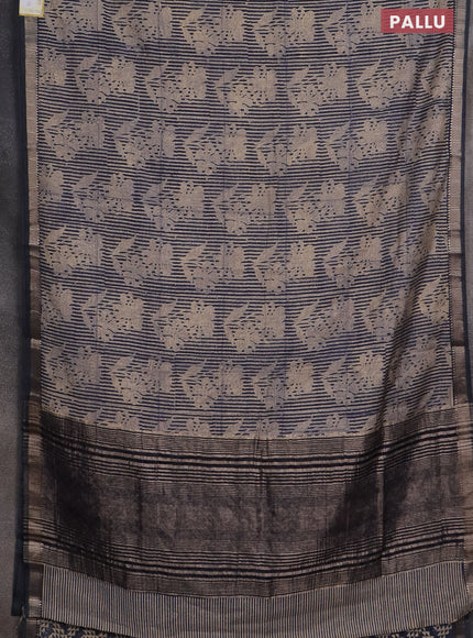 Semi chanderi saree beige and blue with allover floral prints and zari woven border