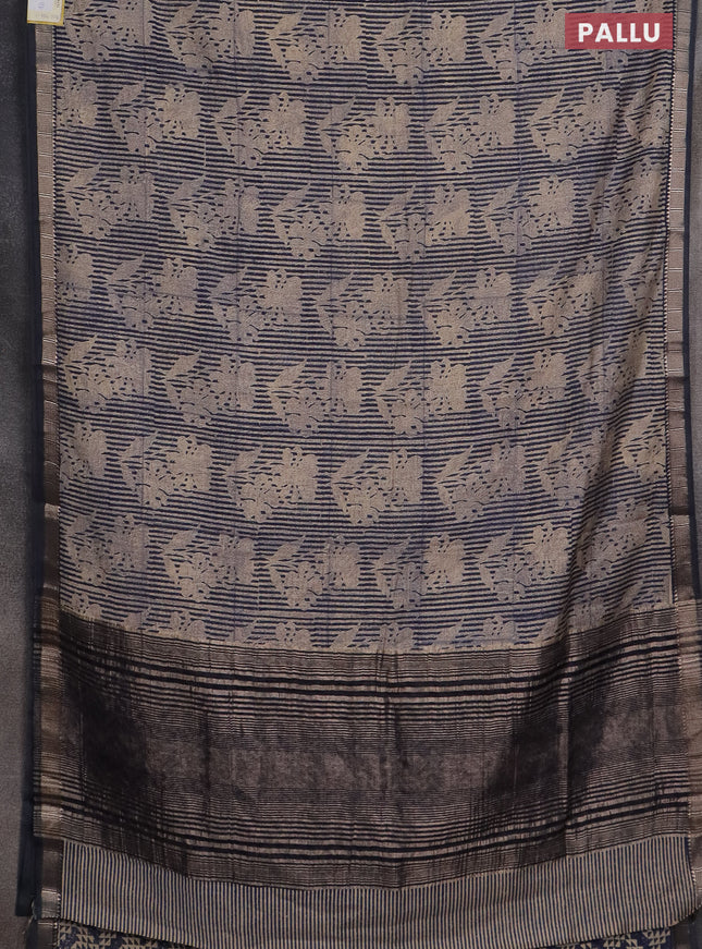 Semi chanderi saree beige and blue with allover floral prints and zari woven border