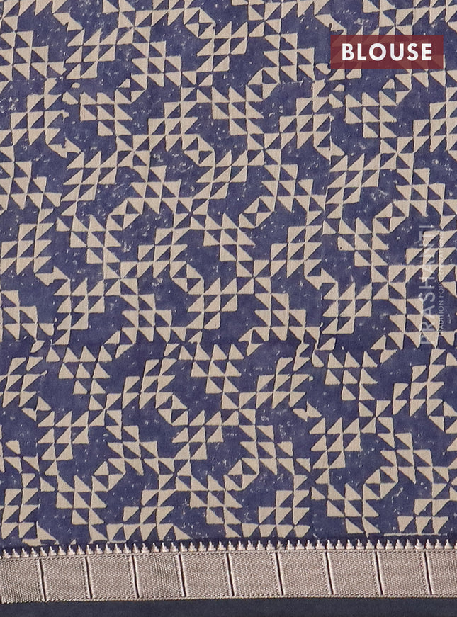 Semi chanderi saree beige and blue with allover floral prints and zari woven border