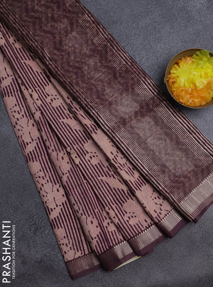 Semi chanderi saree beige and wine shade with allover floral prints and zari woven border