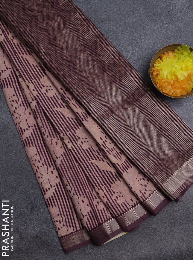 Semi chanderi saree beige and wine shade with allover floral prints and zari woven border