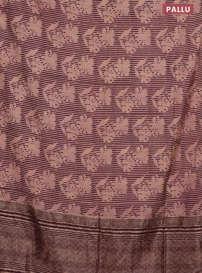 Semi chanderi saree beige and wine shade with allover floral prints and zari woven border