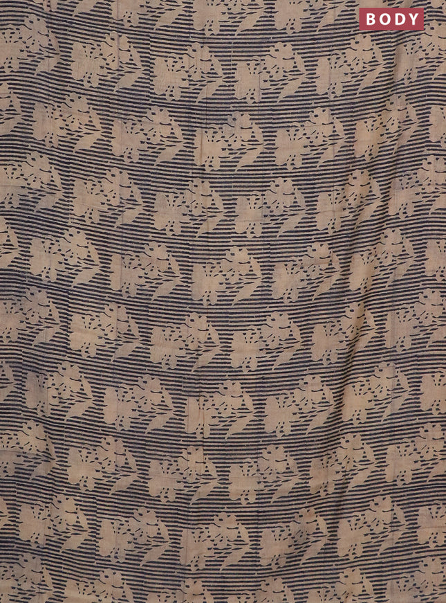 Semi chanderi saree sandal and dark blue with allover floral prints and zari woven border