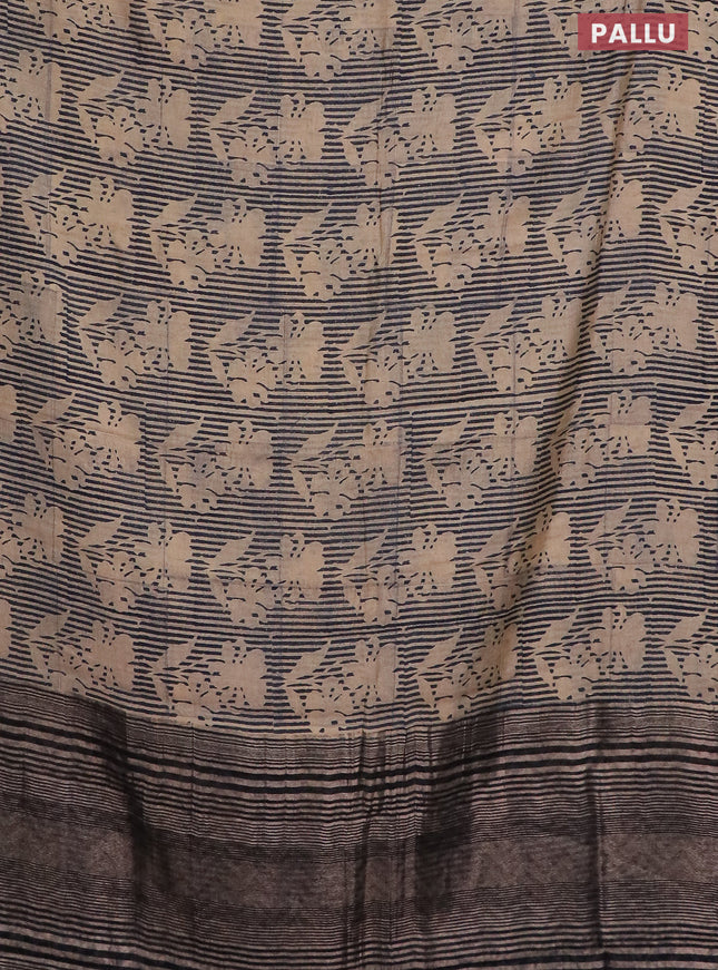 Semi chanderi saree sandal and dark blue with allover floral prints and zari woven border